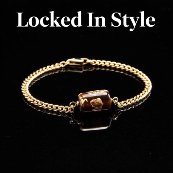 Minimalist Simplistic Elegant: Cream & Brown Fire Agate + Gold Chain Bracelet - Picture 2 of 15